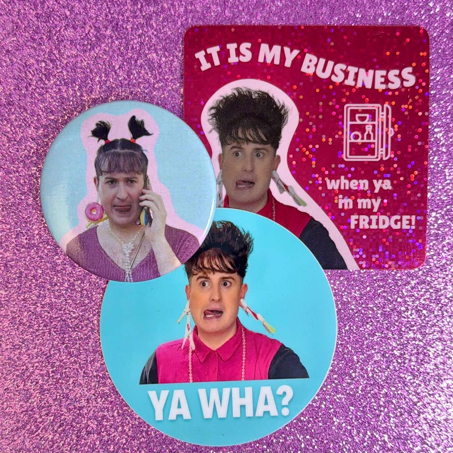 IT IS MY BUSINESS Glitter Magnet, Sticker & Badge Bundle