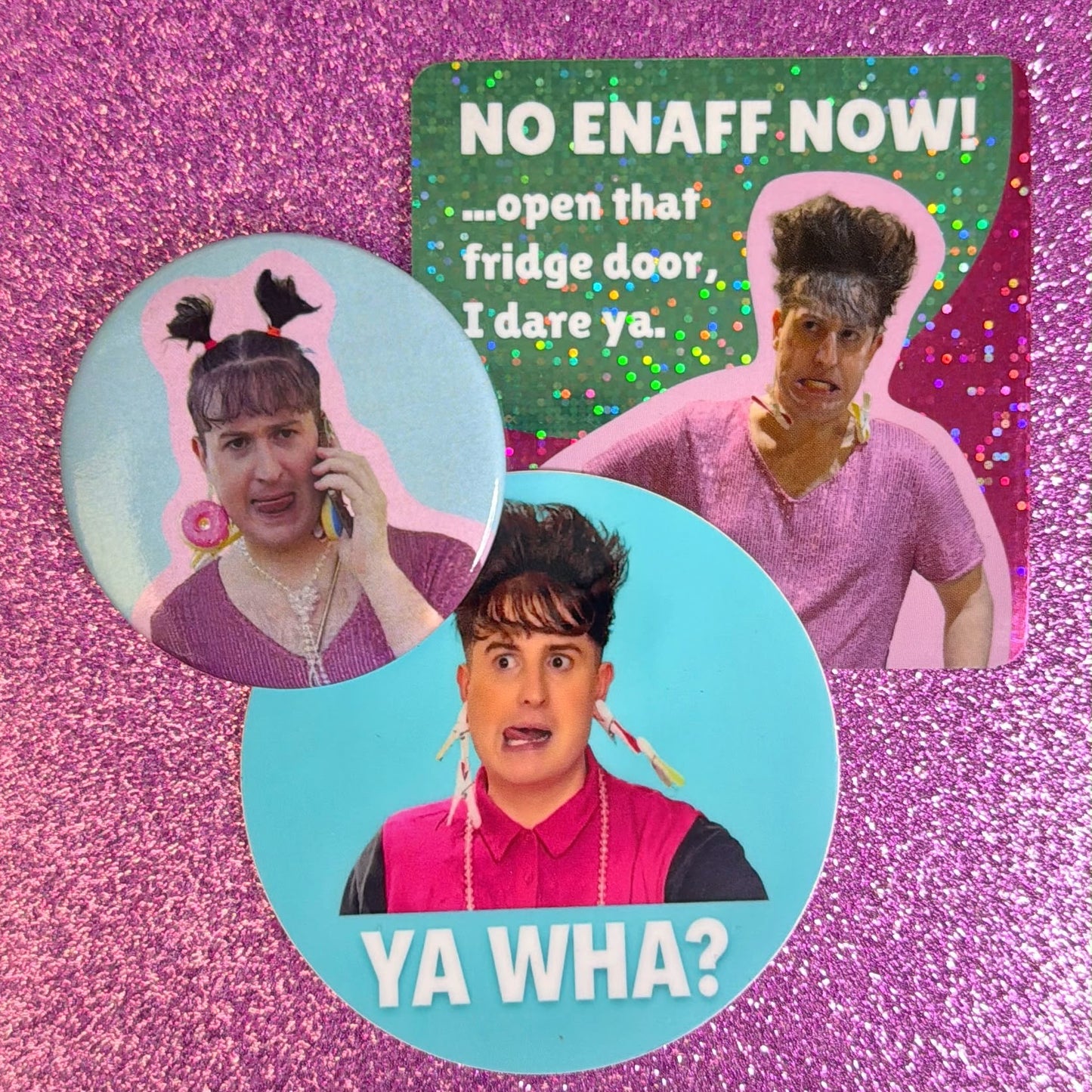 ENAFF NOW Glitter Magnet, Sticker & Badge Bundle