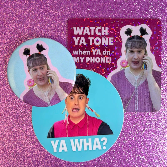 WATCH YA TONE Glitter Magnet, Sticker & Badge Bundle