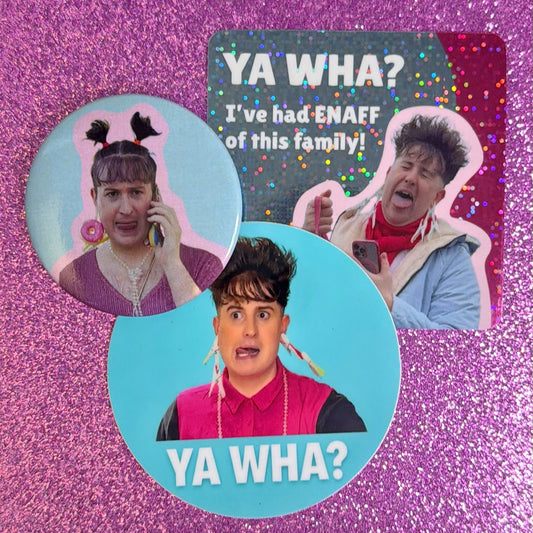 YA WHA? Glitter Magnet, Sticker & Badge Bundle